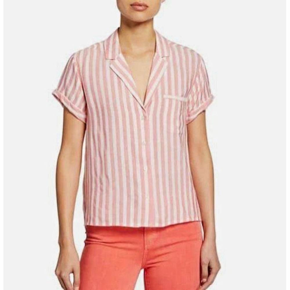 PAIGE Womens Pink White Striped Collared Button Front Blouse Rayon Size S